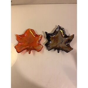 Set of 2 Iridescent Glass Maple Leaf Bowls Orange Brown Fall Autumn Decor 6.5"